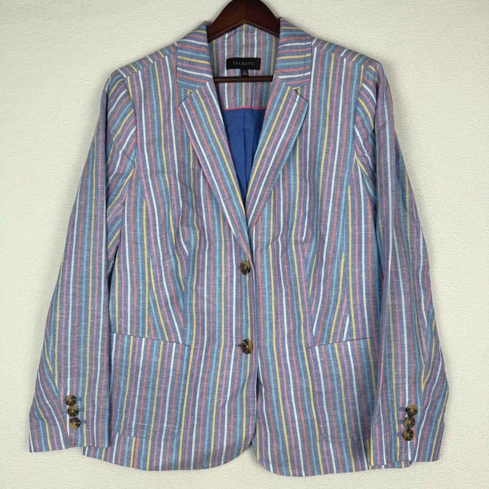 Talbots Blazer Women 16 Blue Multi Color Striped Linen Blend Two Button Jacket